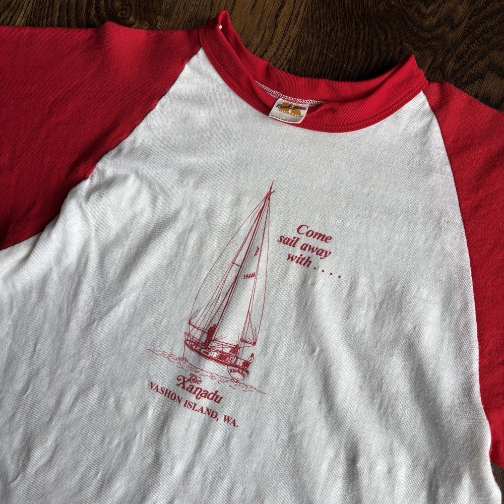 VTG 70s Russell Athletic Raglan T Shirt L Single Stitch Sailboat Vashon Island - Picture 3 of 7